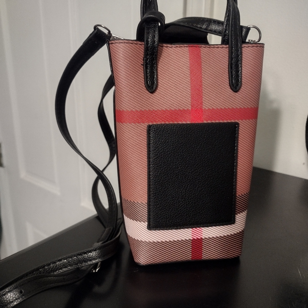 Plaid Vertical Crossbody Bag with Black Trim - Pink/Brown - Picture 6 of 8